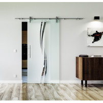 775 x 2050 x 8 mm Glasschiebetür Wellendesign (A)- Levidor offene Laufrollen-System (VA - Edelstahl)