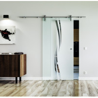 775 x 2050 x 8 mm Glasschiebetür Wellendesign (A)- Levidor offene Laufrollen-System (VA - Edelstahl)