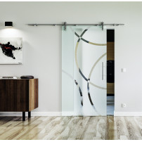 775 x 2050 x 8 mm Glasschiebetür Circle-Design (C)- Levidor offene Laufrollen-System (VA - Edelstahl)