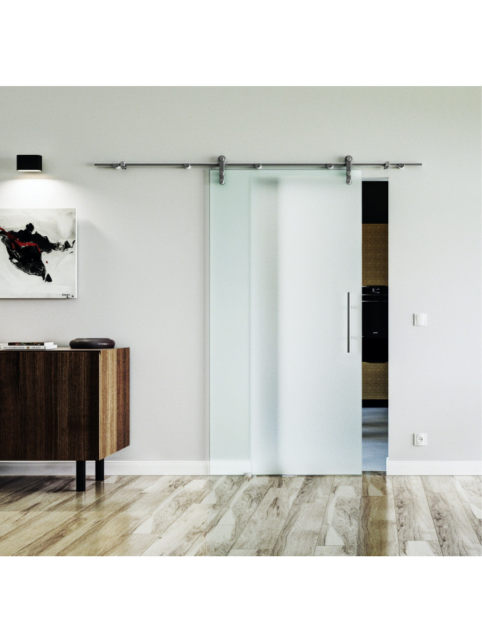 900 x 2050 x 8 mm Glasschiebetür vollflächig satiniert (V)- Levidor offene Laufrollen-System (VA - Edelstahl) 900 x 2050 x 8 mm Glasschiebetür vollflächig satiniert (V)- Levidor offene Laufrollen-System (VA - Edelstahl)