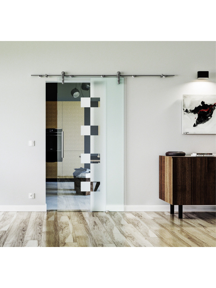 900 x 2050 x 8 mm Glasschiebetür Würfel-Design (W)- Levidor offene Laufrollen-System (VA - Edelstahl) 900 x 2050 x 8 mm Glasschiebetür Würfel-Design (W)- Levidor offene Laufrollen-System (VA - Edelstahl)