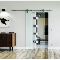 900 x 2050 x 8 mm Glasschiebetür Würfel-Design (W)- Levidor offene Laufrollen-System (VA - Edelstahl)