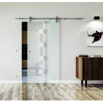 900 x 2050 x 8 mm Glasschiebetür Würfel-Design (W)- Levidor offene Laufrollen-System (VA - Edelstahl)