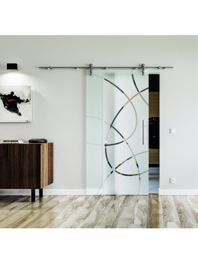 1025 x 2050 x 8 mm Glasschiebetür Ellipsen-Design (E)- Levidor offene Laufrollen-System (VA - Edelstahl)