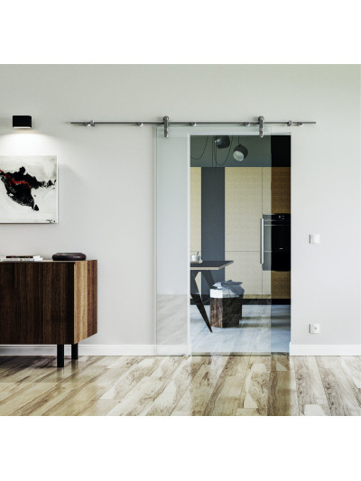 1025 x 2050 x 8 mm Glasschiebetür Klarglas - Levidor offene Laufrollen-System (VA - Edelstahl)