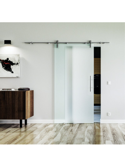 1025 x 2050 x 8 mm Glasschiebetür vollflächig satiniert (V)- Levidor offene Laufrollen-System (VA - Edelstahl)