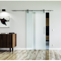 1025 x 2050 x 8 mm Glasschiebetür vollflächig satiniert (V)- Levidor offene Laufrollen-System (VA - Edelstahl)