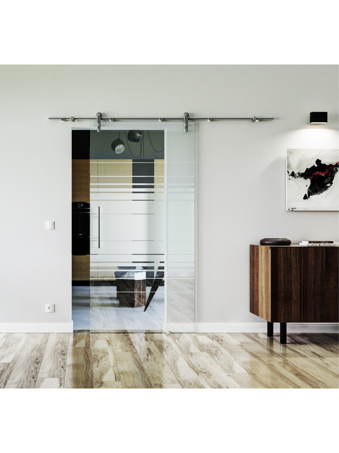 775 x 2050 x 8 mm Glasschiebetür Horizont-Design (H)- Levidor offene Laufrollen-System (VA - Edelstahl) 775 x 2050 x 8 mm Glasschiebetür Horizont-Design (H)- Levidor offene Laufrollen-System (VA - Edelstahl)