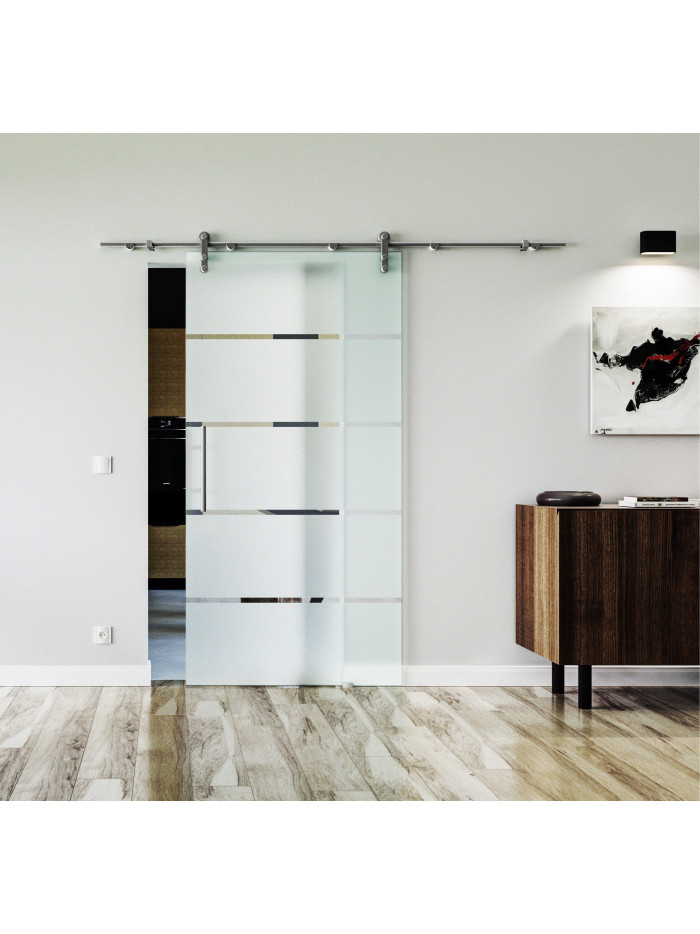 775 x 2050 x 8 mm Glasschiebetür Streifen-Design (S)- Levidor offene Laufrollen-System (VA - Edelstahl) 775 x 2050 x 8 mm Glasschiebetür Streifen-Design (S)- Levidor offene Laufrollen-System (VA - Edelstahl)
